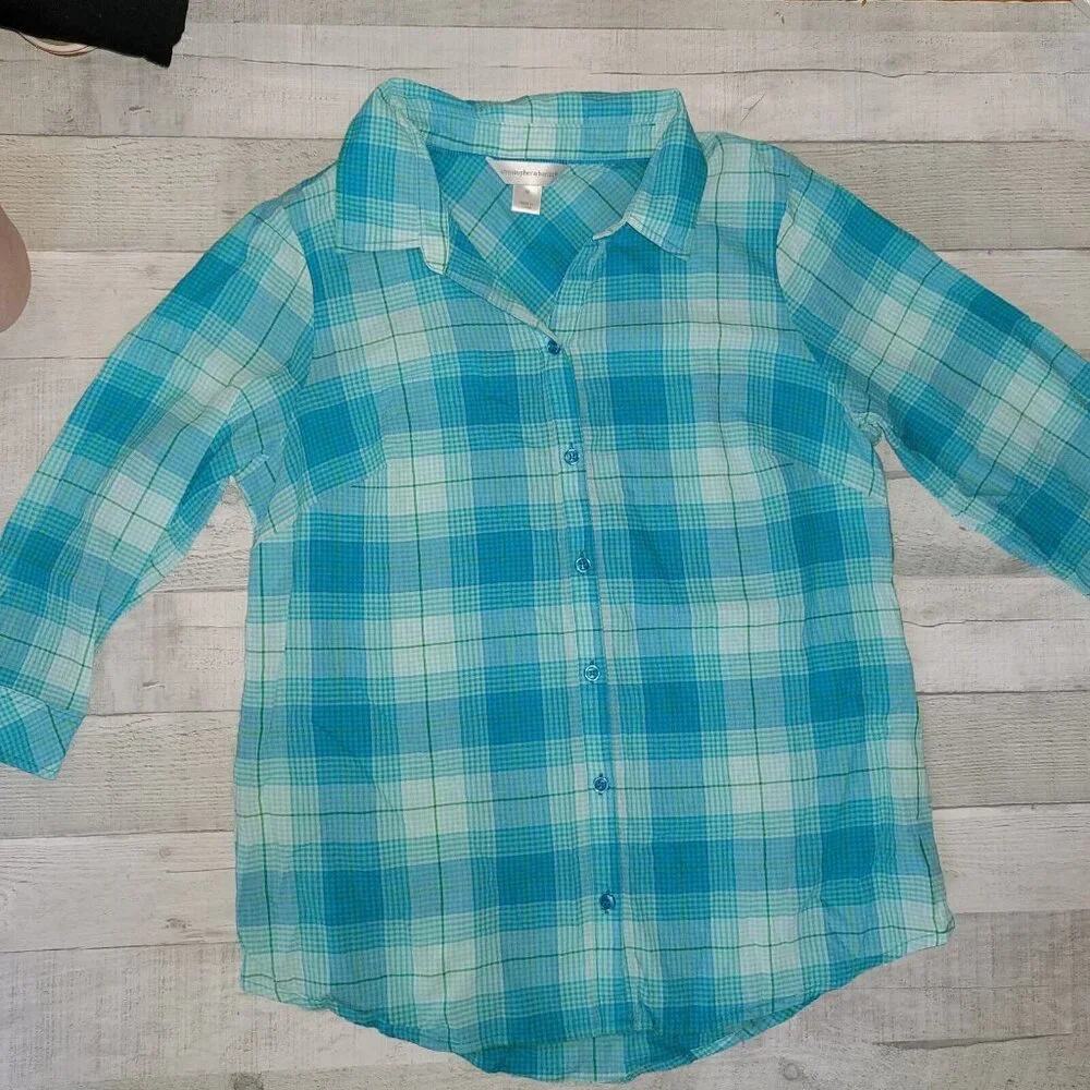 Christopher & Banks Blue Plaid Shirt 3/4 Sleeve Women's Size Medium - Picture 3 of 4